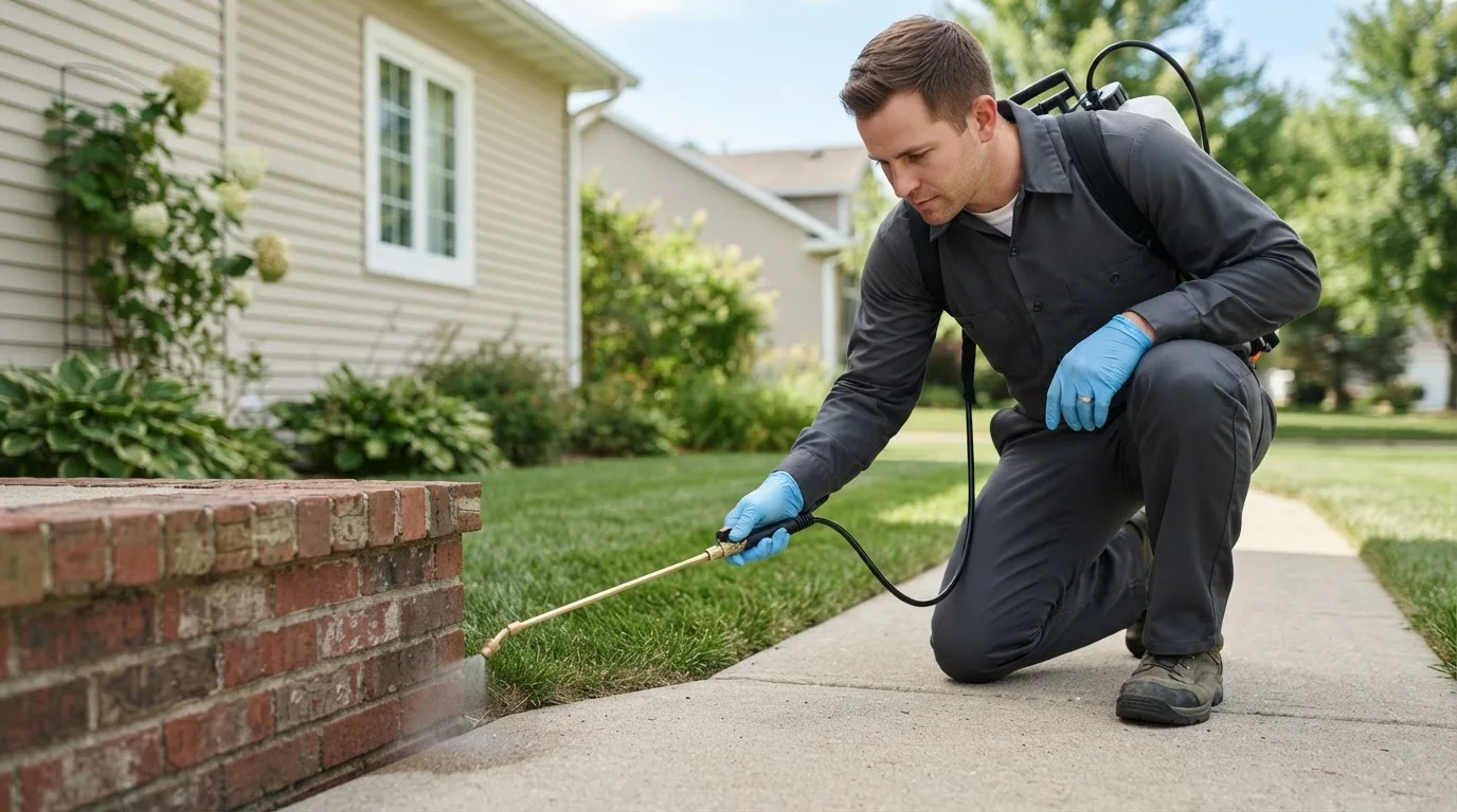 Pest control technician treating a home near Cedarville, IL