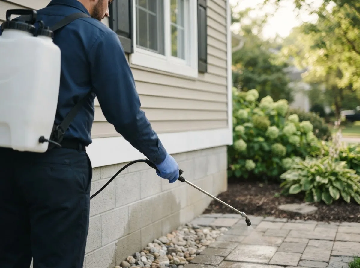 Pest control technician inspecting a home in Cedarville, IL